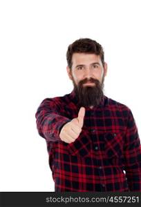 Handsome men with long beard saying Ok isolated on white