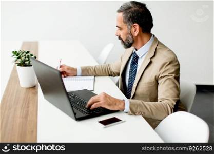 Handsome midd≤-a≥d busi≠ssman working on laptop in modern office