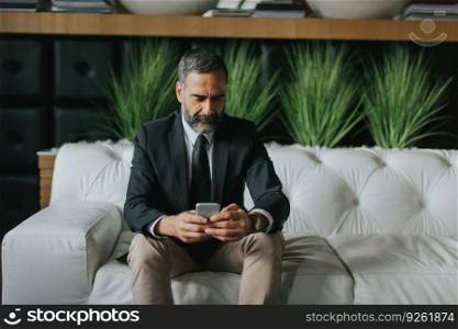 Handsome middle-aged businessman using mobile phone in modern office on sofa