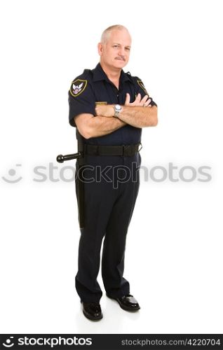 Handsome middle-aged police officer. Full body isolated on white.