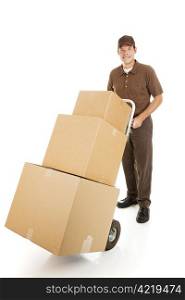 Handsome moving man or courier delivering a stack of boxes. Isolated on white.