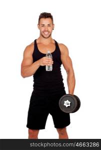 Handsome muscled man drinking water isolated on a white background