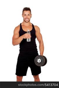 Handsome muscled man drinking water isolated on a white background