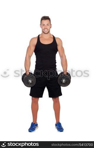 Handsome muscled man training isolated on a white background
