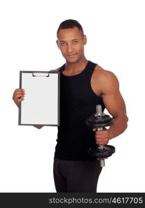 Handsome muscled man training with dumbbells and clipboard in blank isolated on a white background