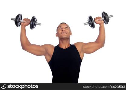 Handsome muscled man training with dumbbells isolated on a white background