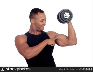Handsome muscled man training with dumbbells isolated on a white background
