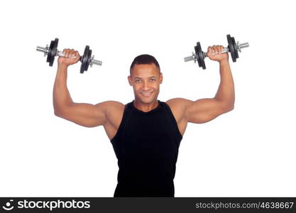 Handsome muscled man training with dumbbells isolated on a white background