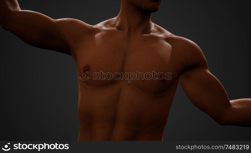 Handsome muscular shirtless young man standing in the dark