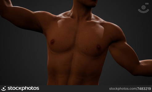 Handsome muscular shirtless young man standing in the dark