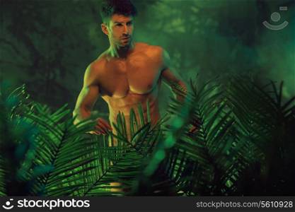 Handsome nude guy in the hot jungle