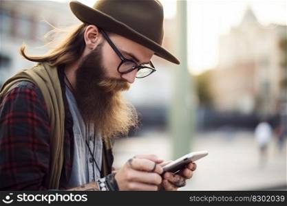 Handsome, old-fashioned hipster in shirt, chatting with smartphone in the city. AI Generative,. Handsome, old-fashioned hipster in shirt, chatting with smartphone in the city. AI Generative
