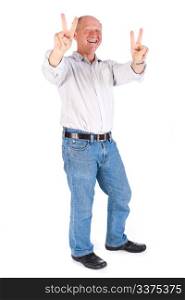 Handsome old man showing victory sign on white background, isolated.