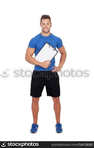 Handsome personal trainer with a clipboard isolated on a white background