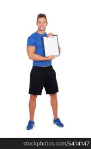 Handsome personal trainer with clipboard isolated on a white background
