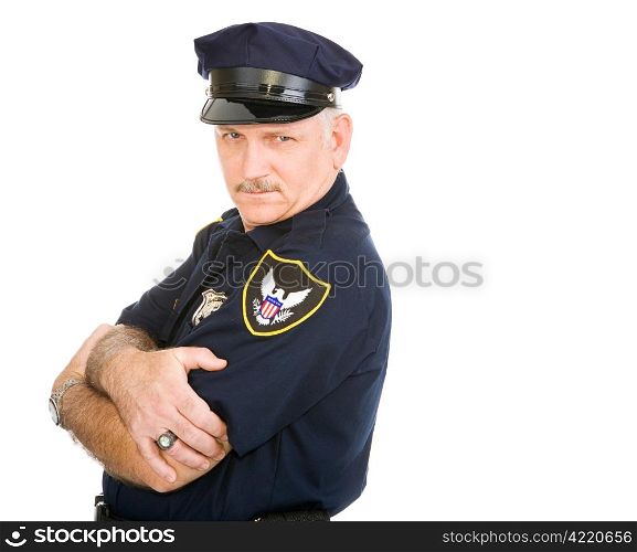 Handsome policeman leaning back on invisible white space, with a sexy expression. Isolated design element.