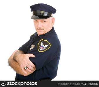 Handsome policeman leaning back on invisible white space, with a sexy expression. Isolated design element.