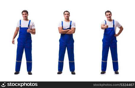 Handsome repairman wearing blue coveralls on white