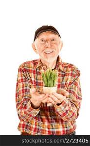Handsome senior man with grass in small pot