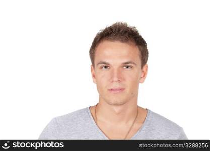 Handsome serious young man. Isolated on white background. Studio shot.