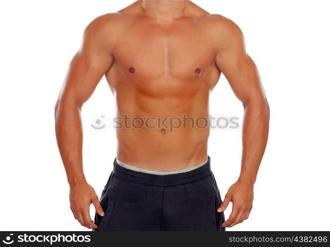 Handsome shirtless young man with defined muscles and a piercing isolated on a white background