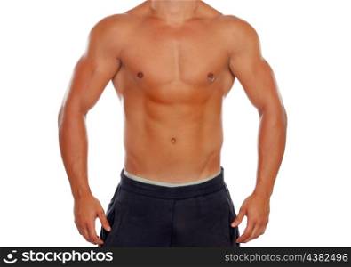 Handsome shirtless young man with defined muscles and a piercing isolated on a white background