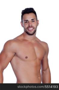 Handsome shirtless young man with defined muscles isolated on a white background