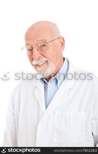 Handsome smiling senior man in a labcoat. Isolated on white.