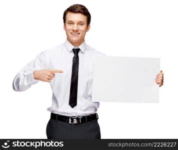 Handsome stylish caucasian businessman on white background with copy space. Handsome stylish businessman on white background