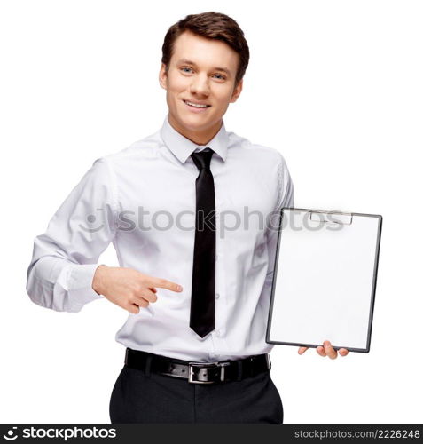 Handsome stylish caucasian businessman on white background with copy space. Handsome stylish businessman on white background