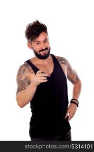 Handsome tatted man is advising you isolated on a white background