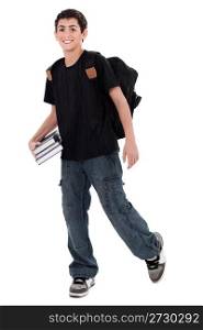 Handsome teenager boy student with books in hand on isolated white background