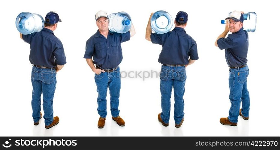 Handsome water delivery man carrying five gallon jug of water over his shoulder. Four full body views isolated on white.