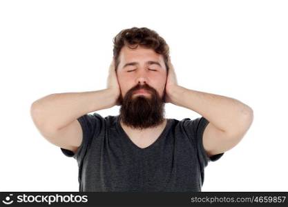 Handsome with long beard covering ears isolated on a white background