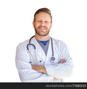 Handsome Young Adult Male Doctor With Beard Isolated On A White Background.