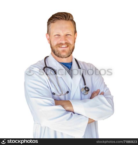 Handsome Young Adult Male Doctor With Beard Isolated On A White Background.