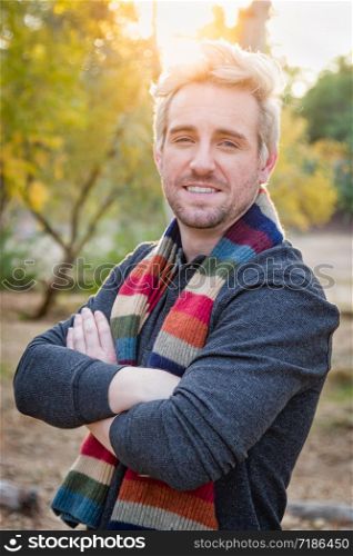 Handsome Young Adult Male Wearing Scarf Portrait Outdoors.
