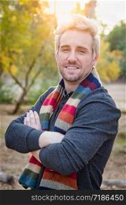 Handsome Young Adult Male Wearing Scarf Portrait Outdoors.