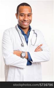 Handsome young african doctor posing isolated over a white background