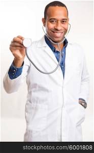 Handsome young african doctor posing isolated over a white background