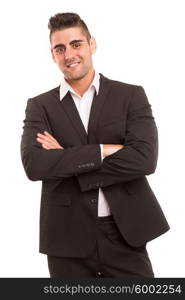 Handsome young business man posing isolated over white background