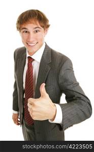 Handsome young businessman giving an enthusiastic thumbs-up. Isolated on white.