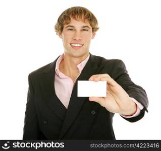 Handsome young businessman holding out his business card. Card is blank for your text. Isolated on white.