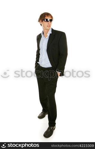 Handsome young businessman in sunglasses. Full body isolated on white.