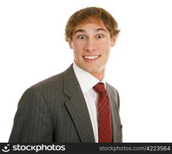 Handsome young businessman surprised. Isolated on white.