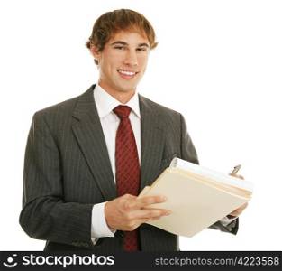 Handsome young businessman taking notes at work. Isolated on white.