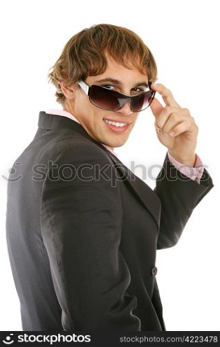Handsome young businessman wearing stylish sunglasses. Isolated on white.