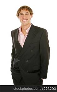 Handsome young businessman with big happy grin. Isolated on white.