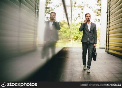 Handsome young businessman with mobile phone by the office building