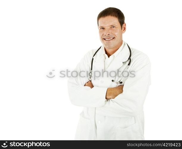 Handsome young doctor in his labcoat. Isolated with copyspace.